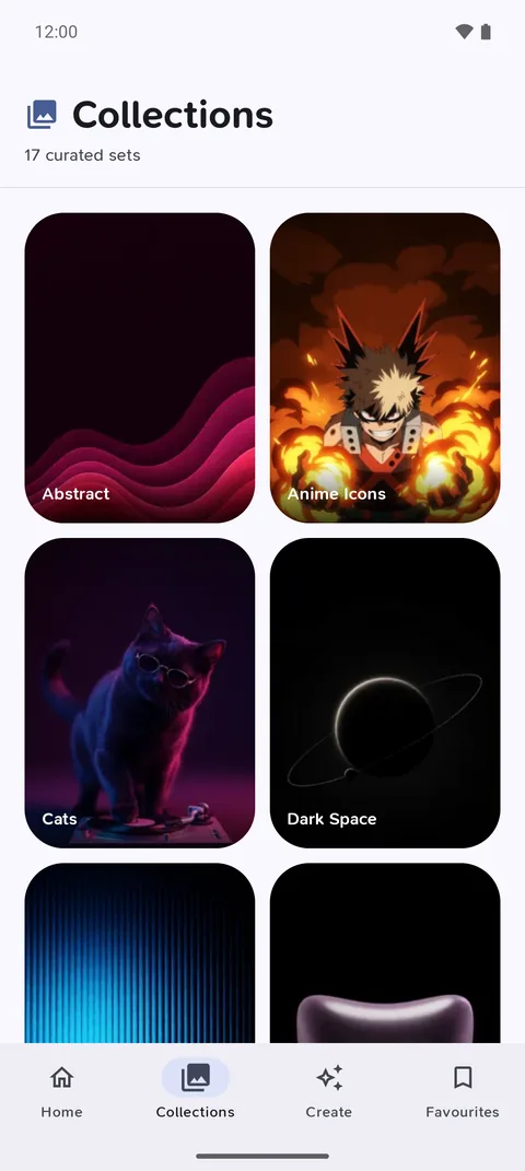 Wallpapered for Android: collections screen showing curated wallpaper sets