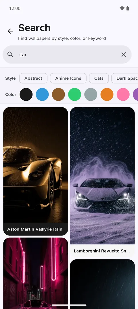 Wallpapered Android app search screen — Filter by keyword, collection or colour.